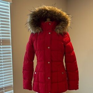 Tommy Hilfiger Red Puffer Jacket with Fur Hood